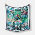 Pañuelo cuadrado de seda de 53cm con diseño artístico de cómic y escenas deportivas - Azul Marino