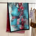 Detailed shot of an oil painting style oversized shawl with elegant golden fringe tassels - Abstract Oil Painting Blue Red Patchwork (Color 4) / 190x65cm