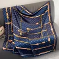 Fashionable floral print silk scarf shawl with gold chain pattern on navy background - 110X110CM / Dark Blue