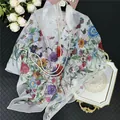 Elegant 130cm Georgette silk scarf with vibrant lily and butterfly floral print for women - 130x130cm / White
