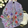 Elegant purple georgette silk scarf with floral and insect prints for summer sun protection - 130x130cm / Purple