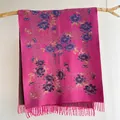 Rose pink floral cashmere-feel scarf with deep blue flower patterns and elegant fringes - 200x65cm / Purple