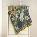 Detail of oil painting style floral scarf with tassels draped on a white drawer cabinet - Vintage Brocade Five-Petal Flower Style (FY2438-13)