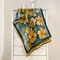 Close-up of winter oil painting style scarf with floral pattern and fringe edge detail - Dark Teal Yellow-White Floral Style (FY2438-9)