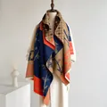Detailed view of vintage ethnic color-block cashmere shawl with soft fringes and bamboo patterns - Navy Camel Orange Red Double Sided