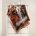 Chinese oil painting style landscape scarf with red maple trees and soft fringes - Landscape Scenery Style (FY2438-4)