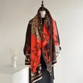 Detailed macro view of retro ethnic style scarf with ink bamboo pattern and tassel edge - Orange Red Dark Brown Beige New Chinese