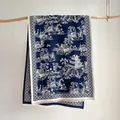 Detailed view of classical Chinese landscape pattern and short tassels on a navy shawl - 185x65cm / Blue