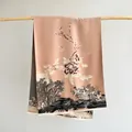 Artistic cashmere-like scarf with Chinese ink painting of peonies and landscapes - Khaki