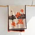 Elegant Chinese style winter cashmere scarf with lotus print and delicate fringe - Beige Orange