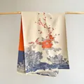 Elegant Chinese style floral and landscape scarf in orange and navy blue with fringe detail - Beige
