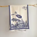 Detailed texture of jacquard scarf with blue lotus mountains and fine tassel edges - 180x65cm / Blue