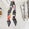 Retro silk-like narrow scarf featuring horse prints and checkerboard patterns on white fabric - Pink Horse Checkerboard (PD2503-1)