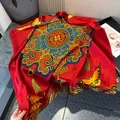 Detail of red silk scarf showing traditional Longevity patterns and butterfly embroidery - 180x90cm / Longevity Fu Style