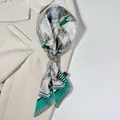 Floral satin hair scarf with equestrian patterns styled on a beige suit blazer - Emerald Green Equestrian Style (PD2536—2)