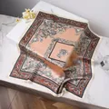 Elegant 70x70cm floral satin silk scarf in apricot and pink on a marble decorative surface - 70x70cm / Khaki Pink