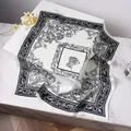 Elegant 70cm square silk scarf with vintage black and white floral prints on satin fabric - 70x70cm / Black and White