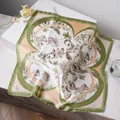 Silk-like square scarf with daffodil print and green floral pattern for women - Green