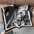 Thick warm black and white floral cashmere shawl with tassel trim for women - Court Flower Black