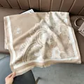 Detail of soft khaki scarf with white floral jacquard and natural fringed edges - Court Flower Khaki