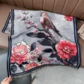 Ethno-Schal mit Blumen- und Vogelmuster, vielseitiges warmes Halstuch mit Fransen - Vogel Pfingstrose Blau