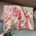 Detail of oil painting peony floral pattern on warm cashmere-like winter scarf and tassels - 185x65cm / Khaki