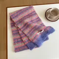 Detail of wool blend striped scarf showing fluffy texture and pink blue stripes - 170x27cm / Pink Purple Blue Multicolor