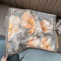 Detail of oil painting peony floral pattern on thick cashmere-like scarf with black tassels - 185x65cm / Brown Orange