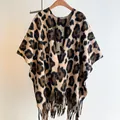 Classic leopard print knitted shawl with long tassels in brown, black and apricot tones - Tops / 170x110cm / Khaki