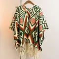 Faux cashmere shawl featuring retro geometric patterns with tassels in cream and green - Green