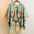 Ethnic geometric pattern shawl with tassels in beige and blue thick knit fabric - Light Blue