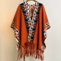Vintage orange geometric pattern poncho shawl with thick tassels for autumn winter - 170x110cm / Orange