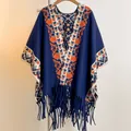 Ethnic bohemian navy shawl wrap with geometric patterns and long tassels fringe - 170x110cm / Blue