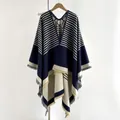 Women's cashmere-like shawl in navy and white stripes with fringe hem detail - Blue / 150x130
