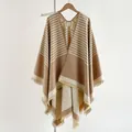 Women's beige cashmere-like shawl with geometric stripes and fringe edge detail - Khaki / 150x130