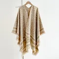 Cashmere-like leopard print poncho with tassels, cozy winter wrap shawl in beige and brown - Khaki