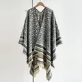 Elegant leopard print split poncho with striped edges and tassel details for autumn - Gray