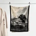 Sciarpa spessa lavorata a maglia bianca e nera con paesaggio e frange vintage - 185x65cm / Nero
