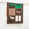 Detail of horse-themed color-block cashmere scarf with delicate fringed edges and patterns - 180x65cm / Coffee