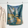 Scialle artistico in cashmere spesso con motivo pittura a olio e nappe decorative - Azzurro