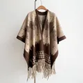 Britischer Hahnentritt Poncho Schal mit Fransen und Boho geometrischem Muster - 170x110cm / Kaffeebraun