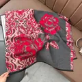 Grey and red rose paisley pattern thick winter shawl scarf with black fringes - Patchwork Floral - Gray