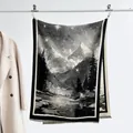 Detail of woven snow mountain pattern on black and white cashmere-like fringed scarf - Black White Snowy Mountain Starry Sky / Black