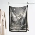 Close-up of retro mountain landscape pattern and fringe detail on cashmere shawl - Black Gray Mountain Starry Forest / Gray