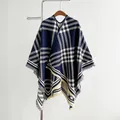 Women's plaid cashmere poncho shawl with tassel fringe in navy blue and cream - 150x130cm / Blue