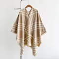 Beige plaid knit poncho with fringe details and v-neck design for women - 150x130cm / Khaki