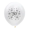 Detail of 12-inch white latex balloon featuring black number 30 and star pattern - 30th Birthday Transparent