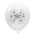 Detail of 12-inch translucent latex balloon with black printed number 50 and stars - 50th Birthday Transparent