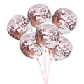 Close-up of six transparent latex balloons with rose gold metallic confetti and pink ribbons - Standard / Rose Gold Sequin