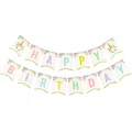Detailed macro view of pastel unicorn happy birthday banner with gold glitter edges - Happy Birthday Banner